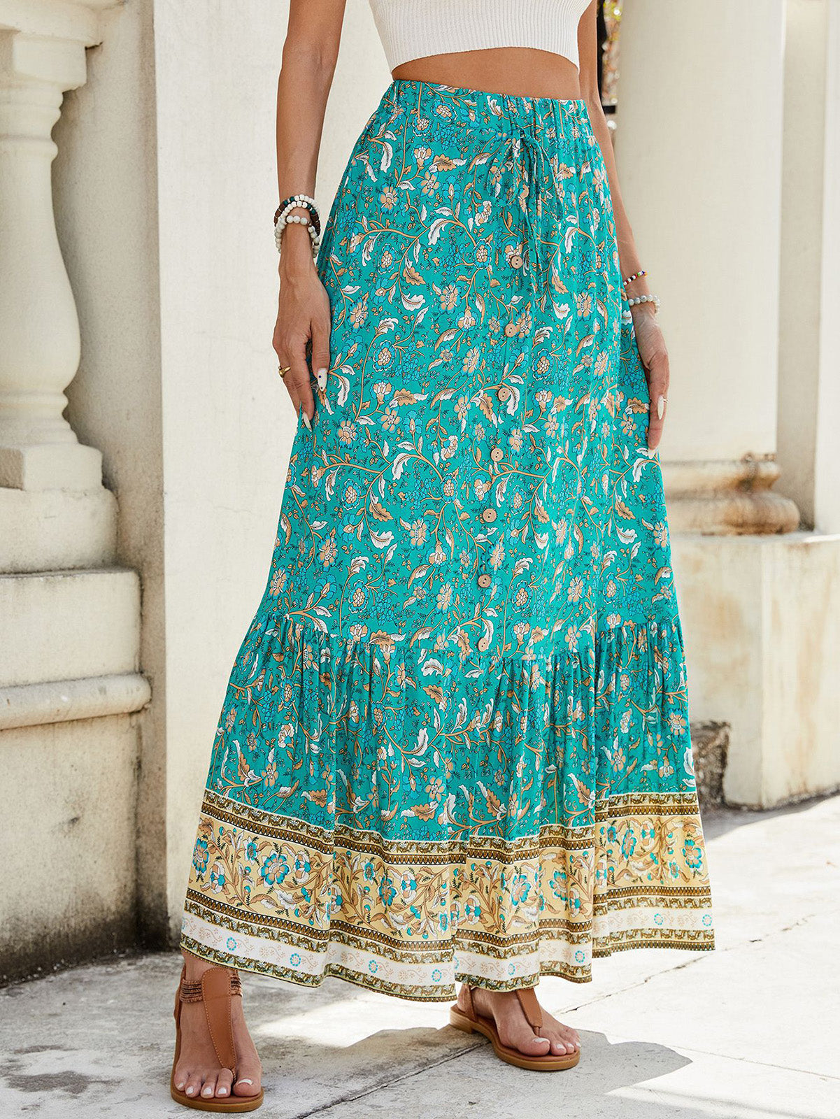 🔥Heute bis zu 69 % Rabatt🔥Damen-Maxiröcke mit Falten, A-Linie, Boho-Blumenmuster, elastisch, hohe Taille