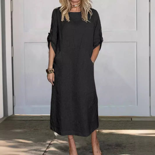 🔥HOT SALE🔥Women Summer Solid Color Linen Cotton Casual Double Side Pocket Dress(BUY 2 FREE SHIPPING)