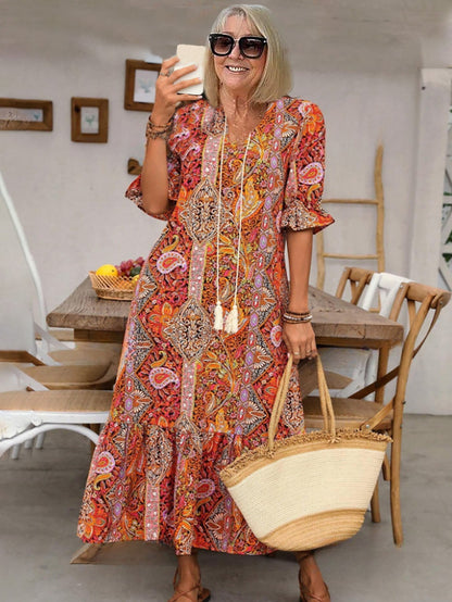 Paisley Bohemian Long Length Vintage Print Tassel Tie Neck Tunic Dress - Elegant Vacation Style with Drawstring, Ruffle Hem, and Random Printing