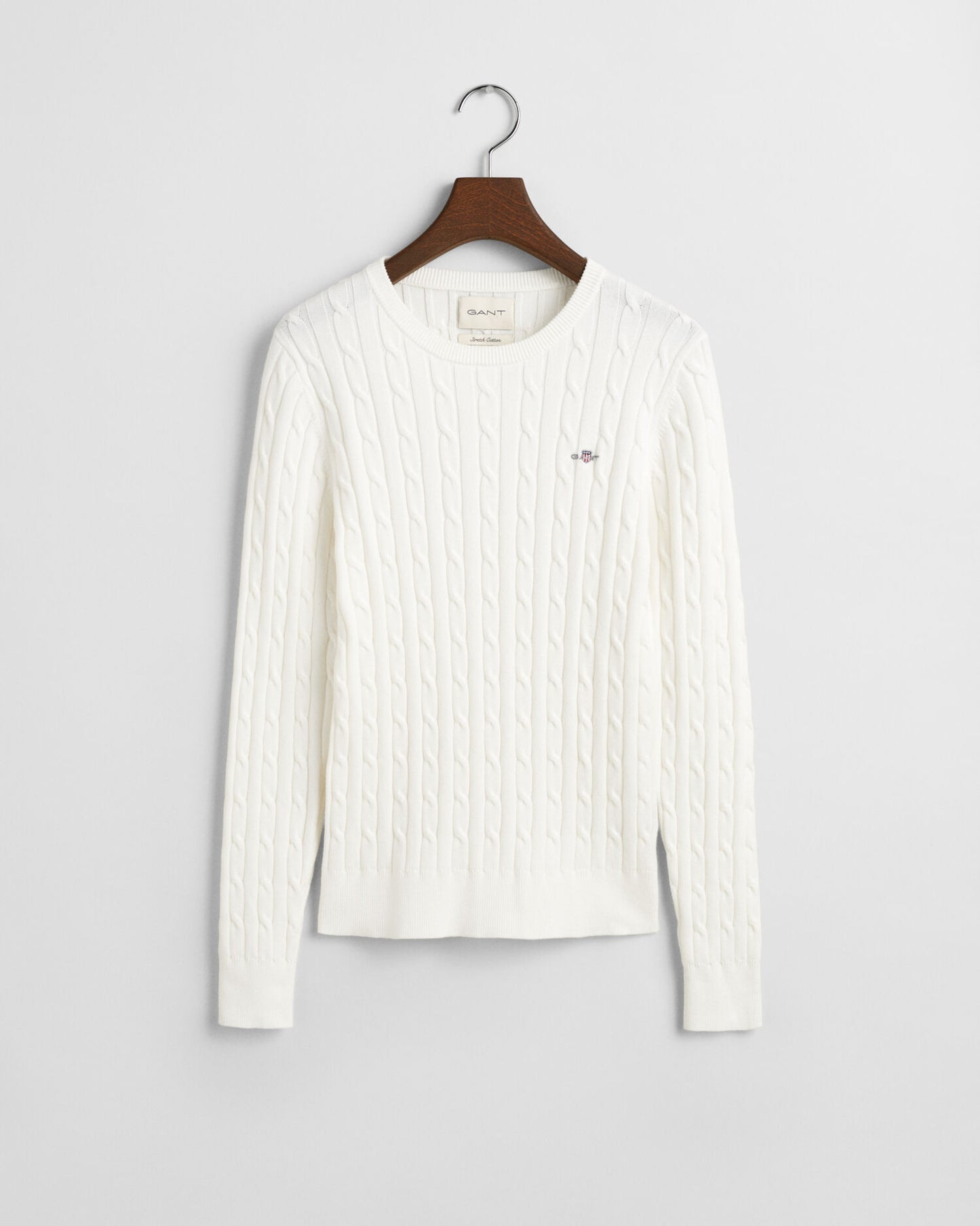 Stretch Cotton Cable Knit Crew Neck Sweater
