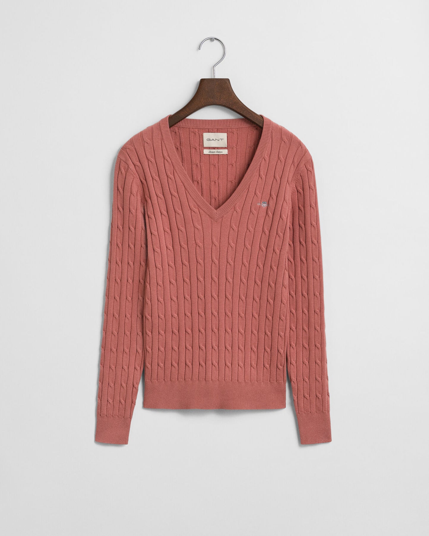 Stretch Cotton Cable Knit V-Neck Sweater