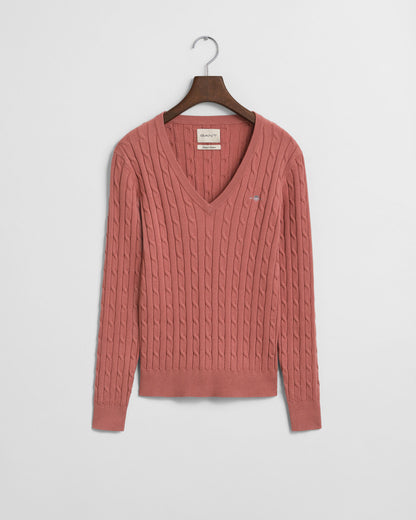 Stretch Cotton Cable Knit V-Neck Sweater