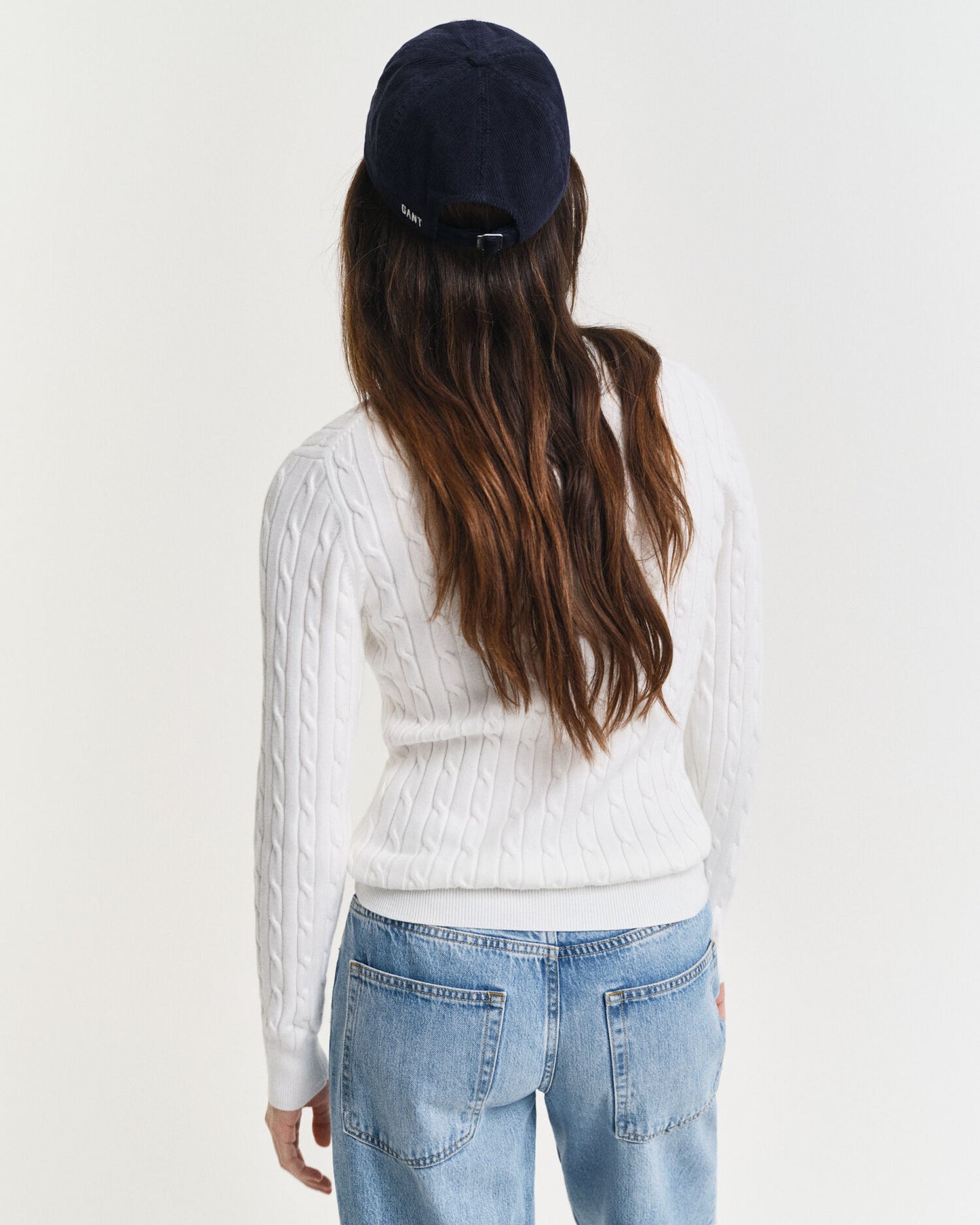 Stretch Cotton Cable Knit Crew Neck Sweater