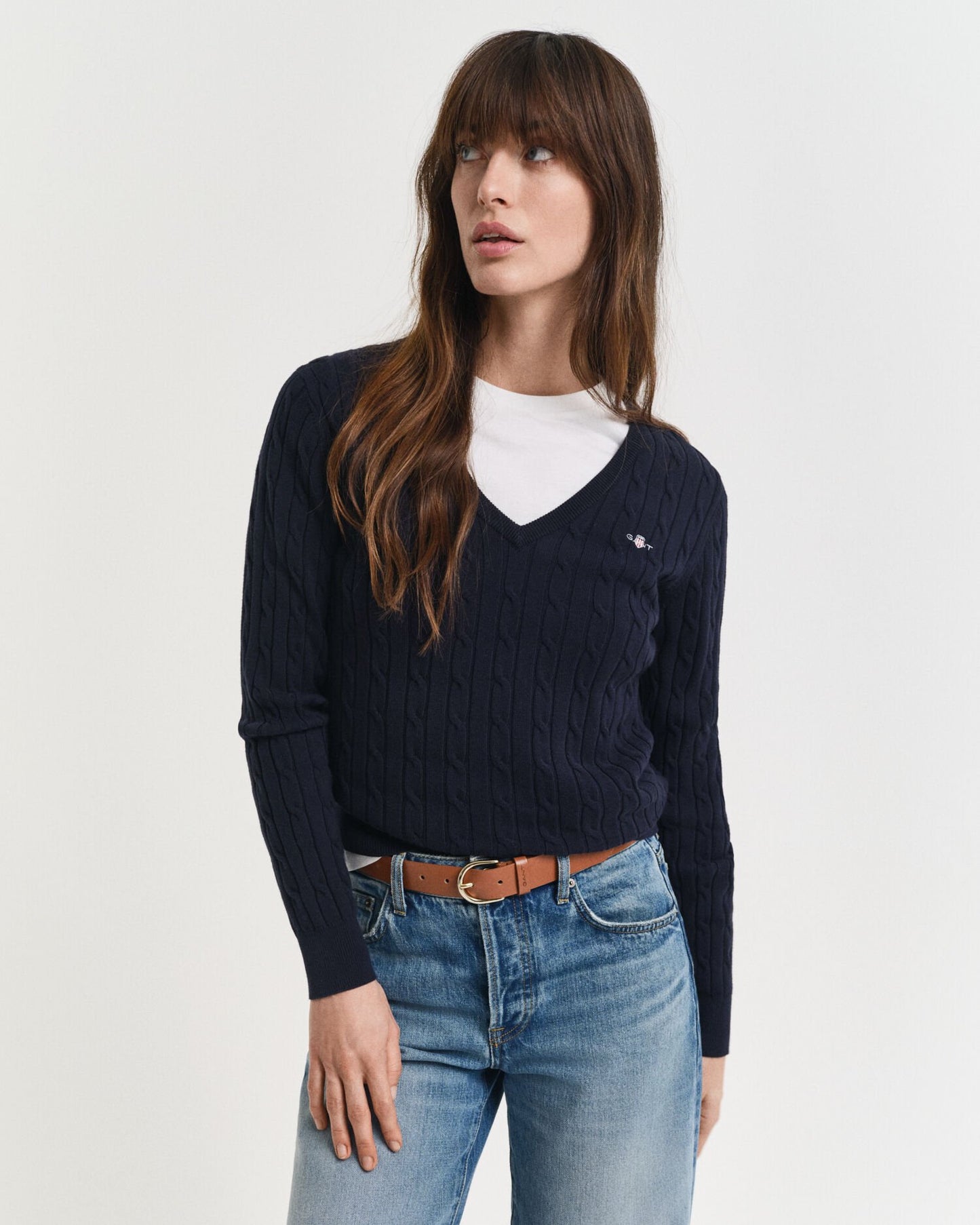 Stretch Cotton Cable Knit V-Neck Sweater