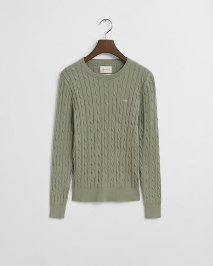 Stretch Cotton Cable Knit Crew Neck Sweater