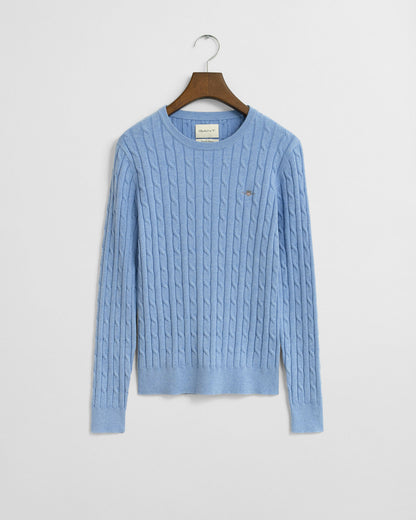 Stretch Cotton Cable Knit Crew Neck Sweater