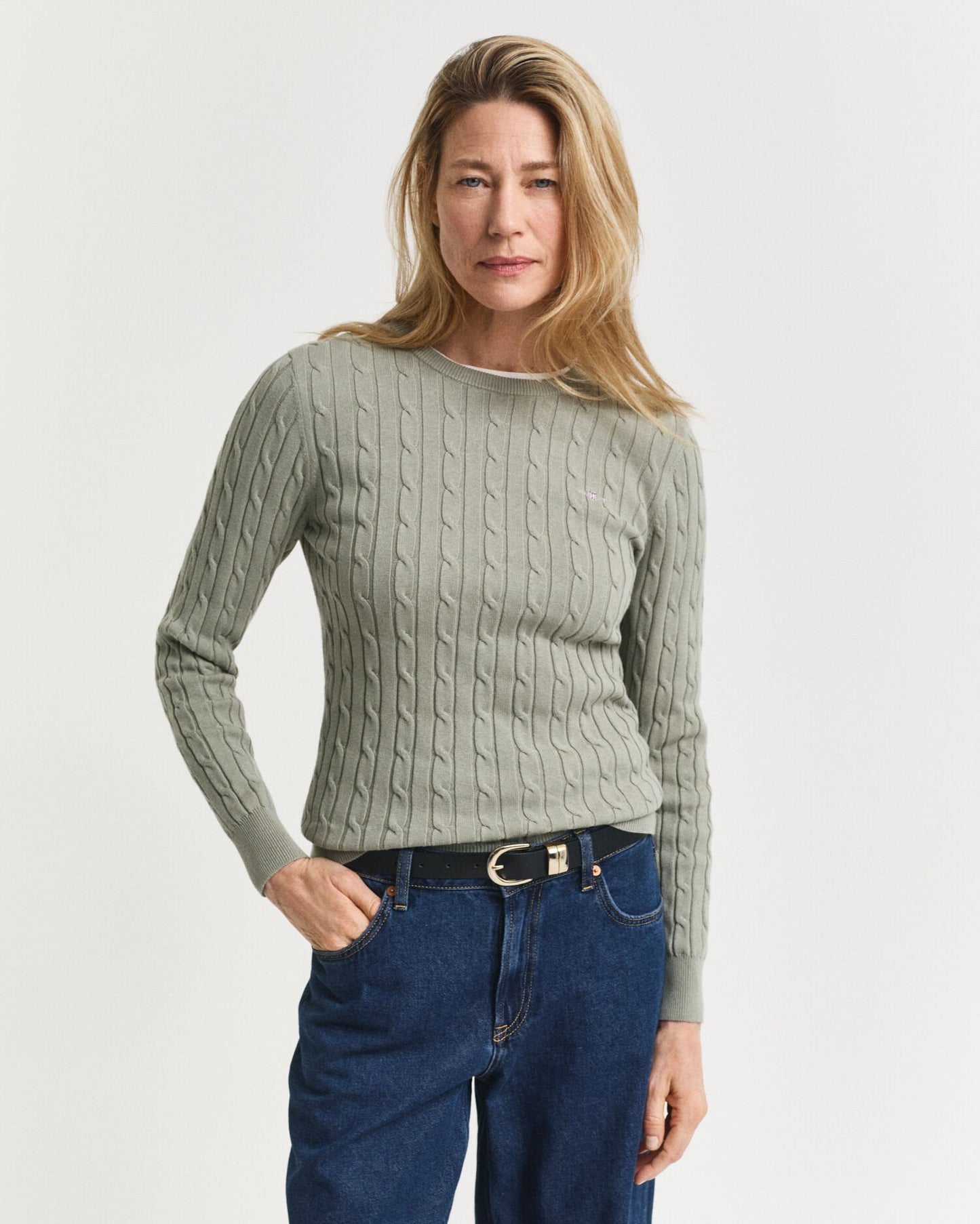 Stretch Cotton Cable Knit Crew Neck Sweater