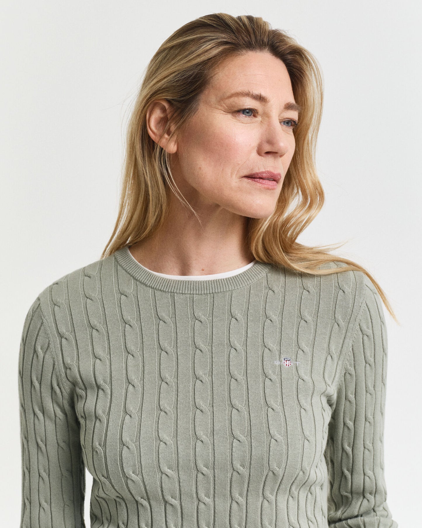 Stretch Cotton Cable Knit Crew Neck Sweater