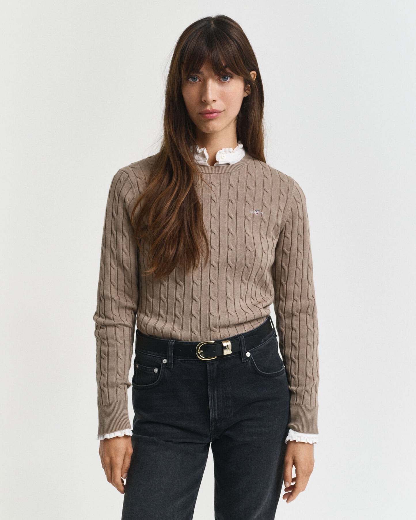Stretch Cotton Cable Knit Crew Neck Sweater
