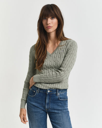 Stretch Cotton Cable Knit V-Neck Sweater