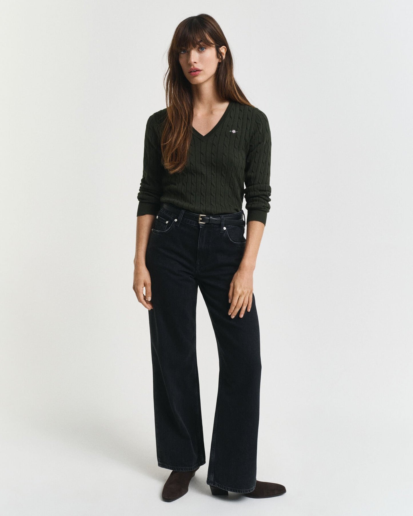 Stretch Cotton Cable Knit V-Neck Sweater