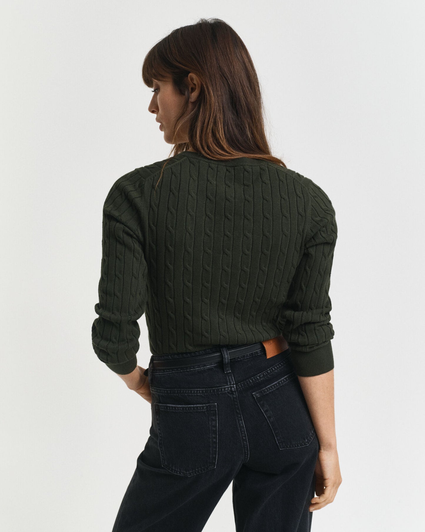 Stretch Cotton Cable Knit V-Neck Sweater