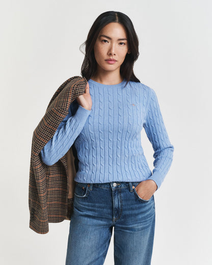 Stretch Cotton Cable Knit Crew Neck Sweater