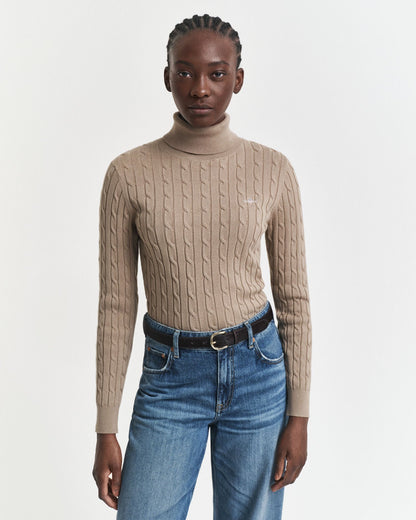Stretch Cotton Cable Knit Turtleneck Sweater