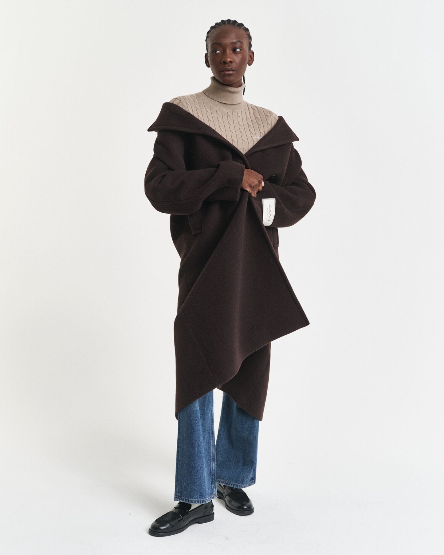 Stretch Cotton Cable Knit Turtleneck Sweater