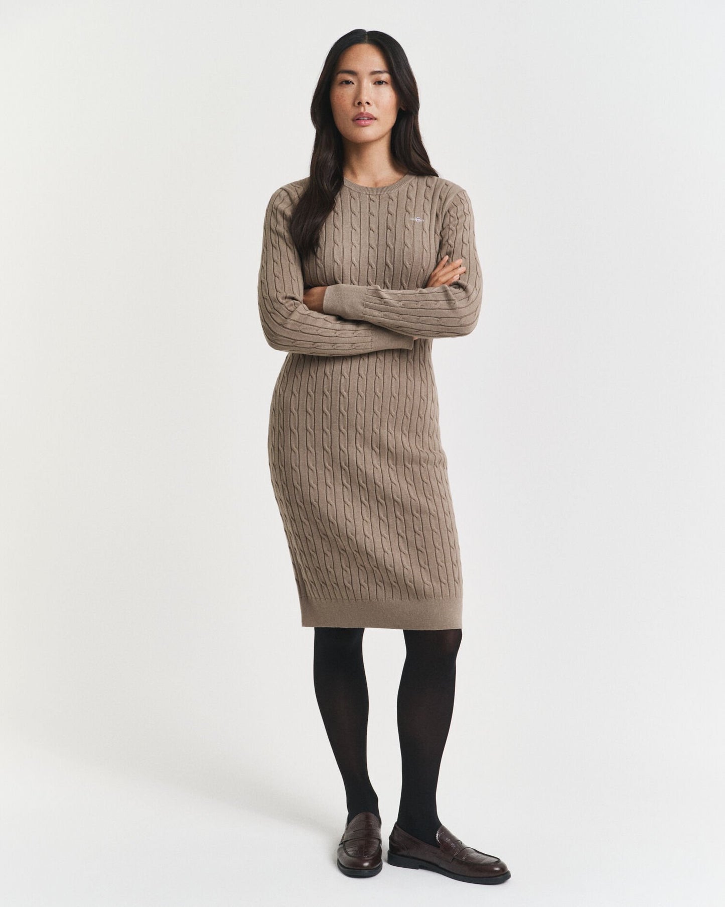 Stretch Cotton Cable Knit Crew Neck Dress