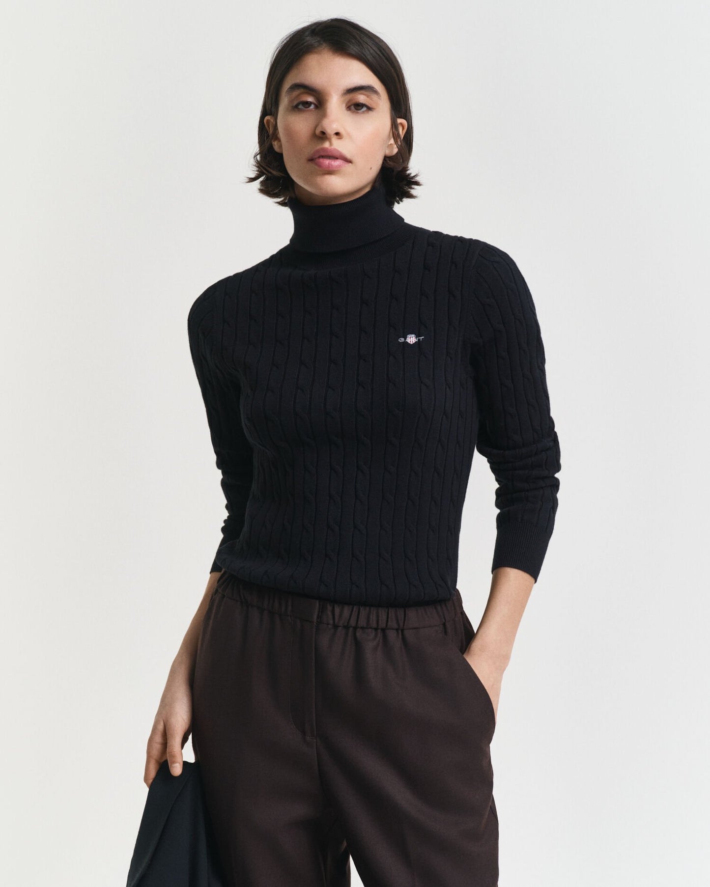 Stretch Cotton Cable Knit Turtleneck Sweater