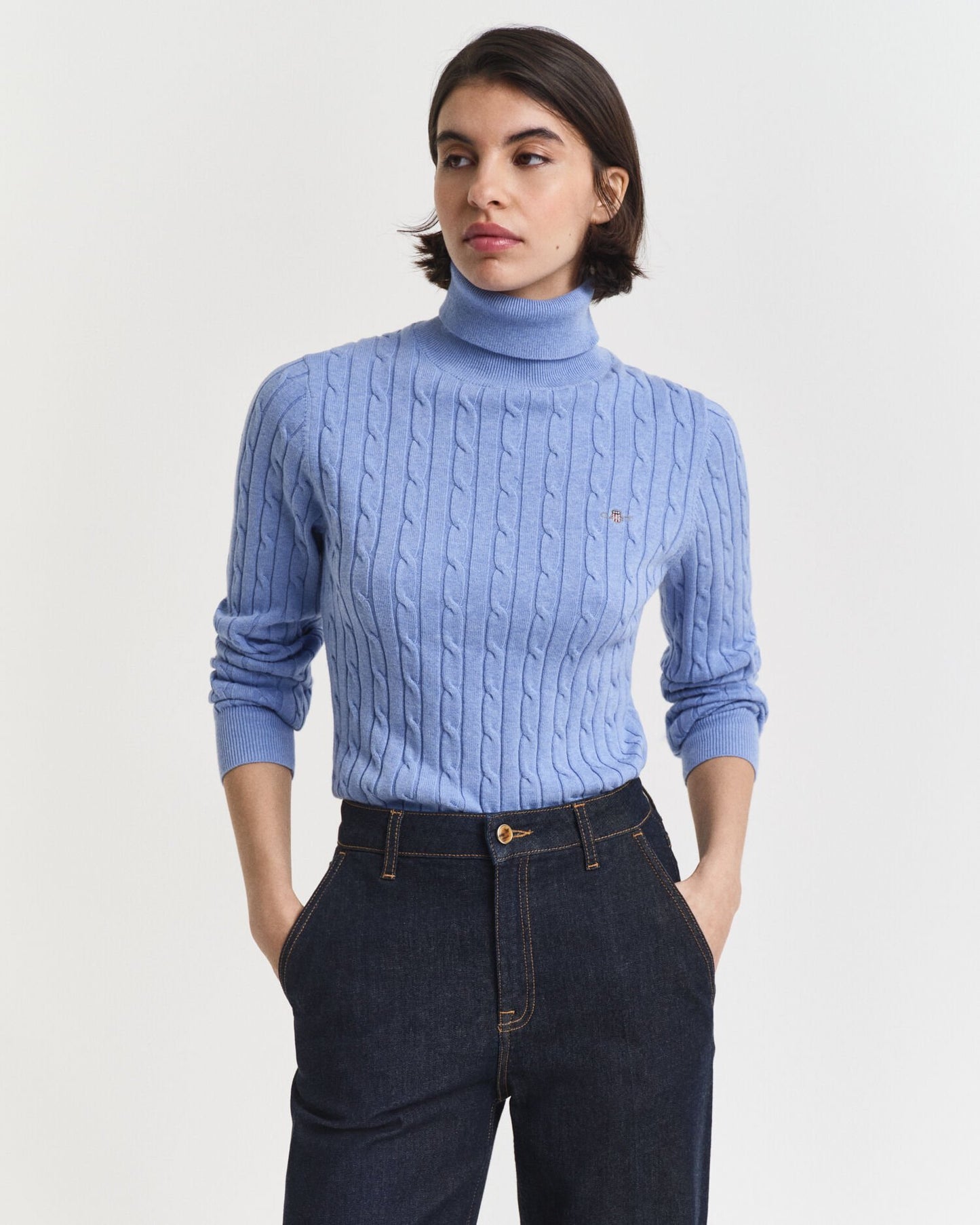 Stretch Cotton Cable Knit Turtleneck Sweater