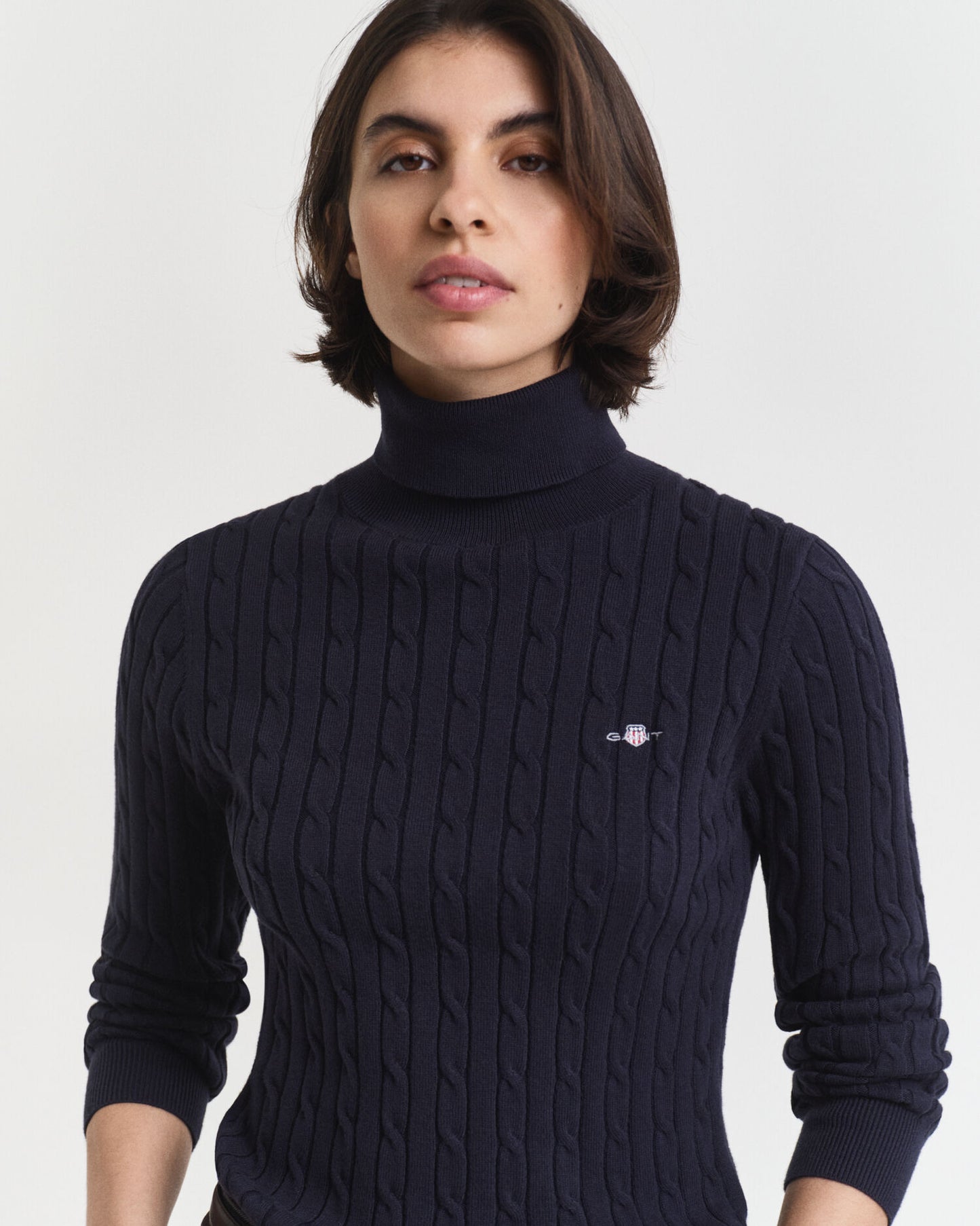 Stretch Cotton Cable Knit Turtleneck Sweater